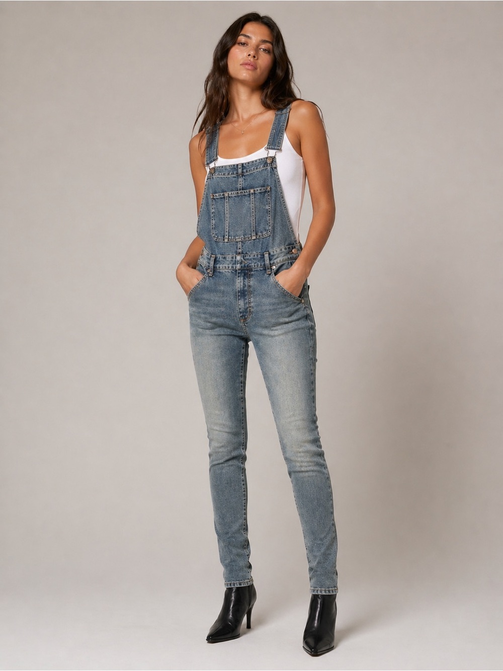 Free People Faded Blue Slim Denim Overalls
